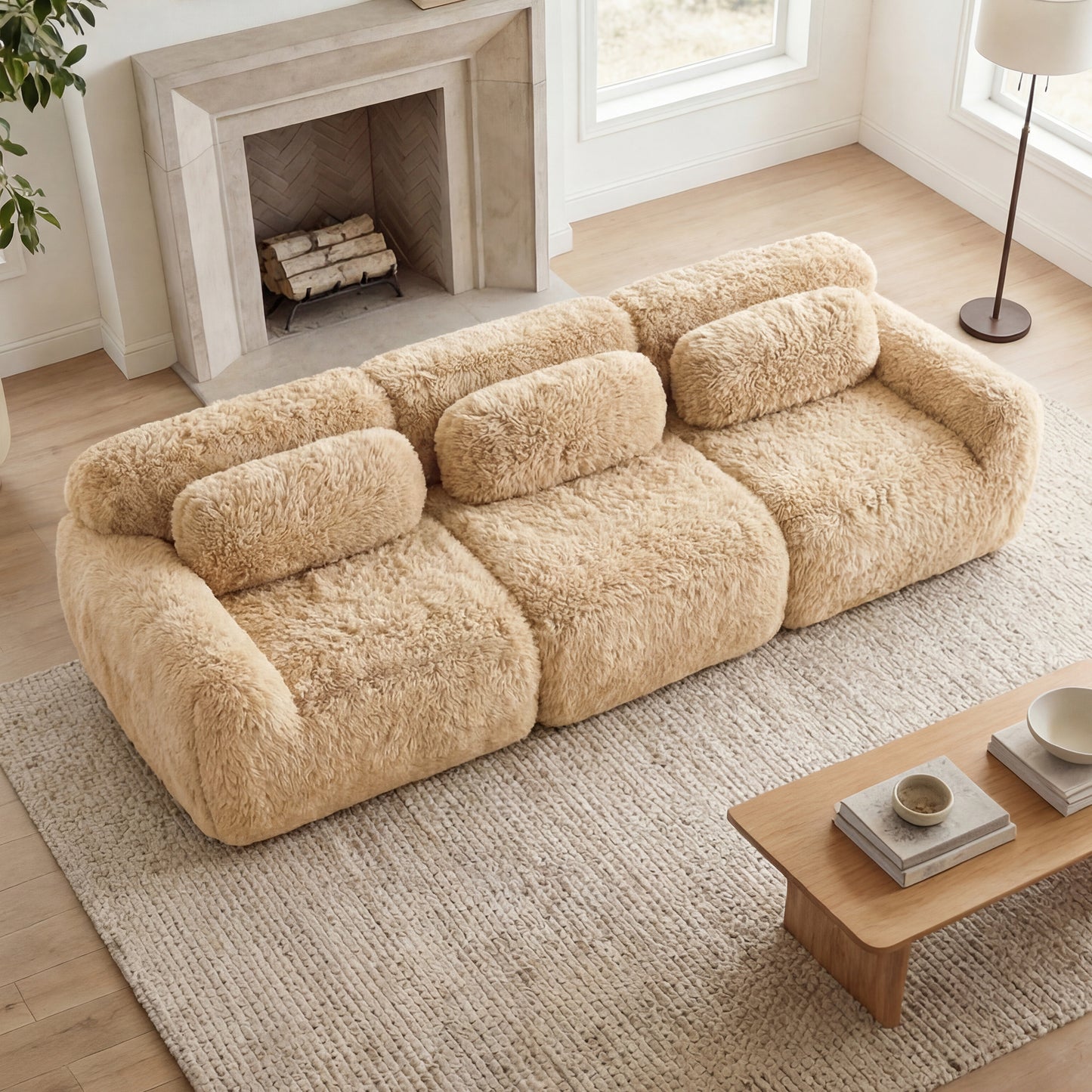 114''Soft And Fluffy Plush Fabric,Modular Sectional Sofa Couches,Ergonomic Design With Throw Pillows,Full-compression Vacuum Packaging Buckle Connection For Study,Home Theater,Light Khaki image 2