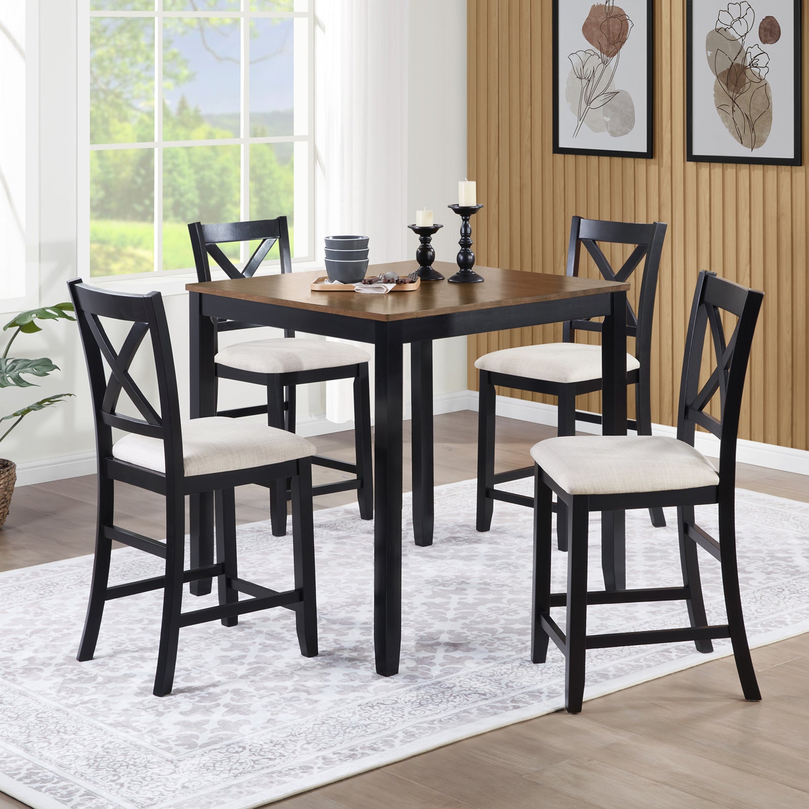 Dining Chairs Only, Wooden Counter Height Dining Chairs Set of 4, Kitchen Chair with Padded Seat, Upholstered Side Chair for Dining Room, Living Room, Kitchen, Black & Beige two tone image 4