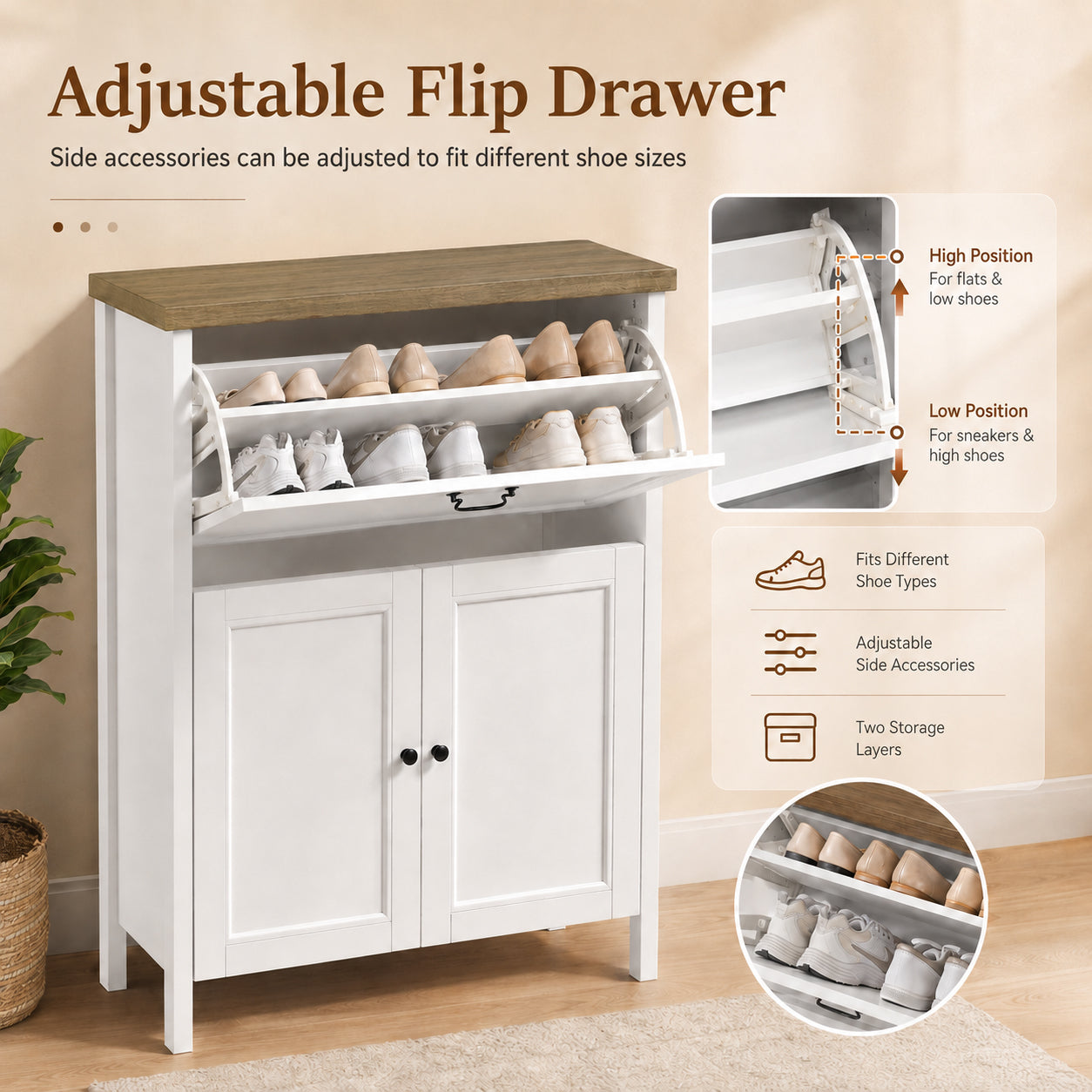 Shoe Cabinet with Flip Drawer, Boot Rack and 6 Boot Clips, Narrow Entryway Shoe Cabinet with Adjustable Shelf, Freestanding Shoe Organizer Cabinet for Entryway, Foyer, 31.5"W x 15.7"D x 45.3"H-White image 5