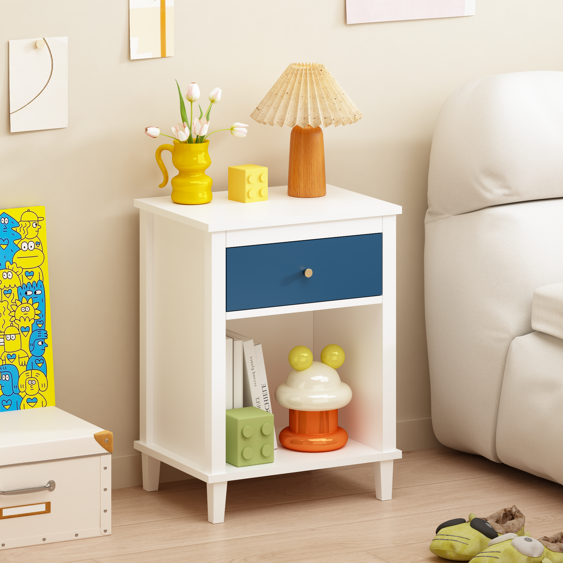 26.77''H Wooden Nightstand with One Drawer One Shelf for Kids, Adults, Navy+Golden handle image 1