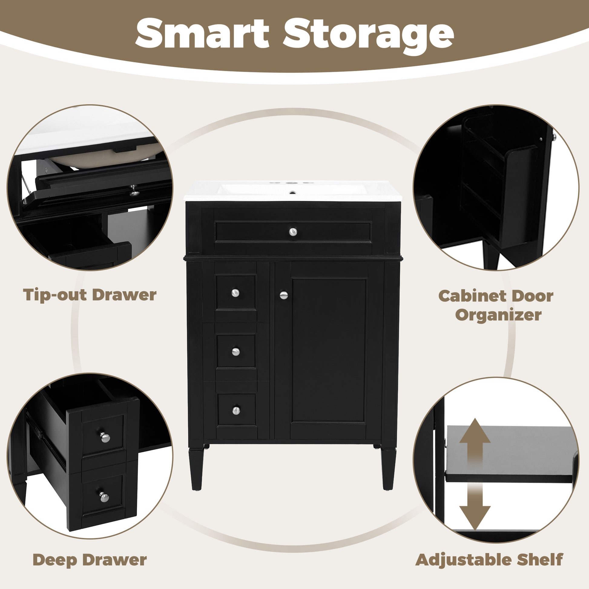 24'' Bathroom Vanity with Top Sink, Modern Bathroom Storage Cabinet with 2 Drawers and a Tip-out Drawer, Single Sink Bathroom Vanity image 5