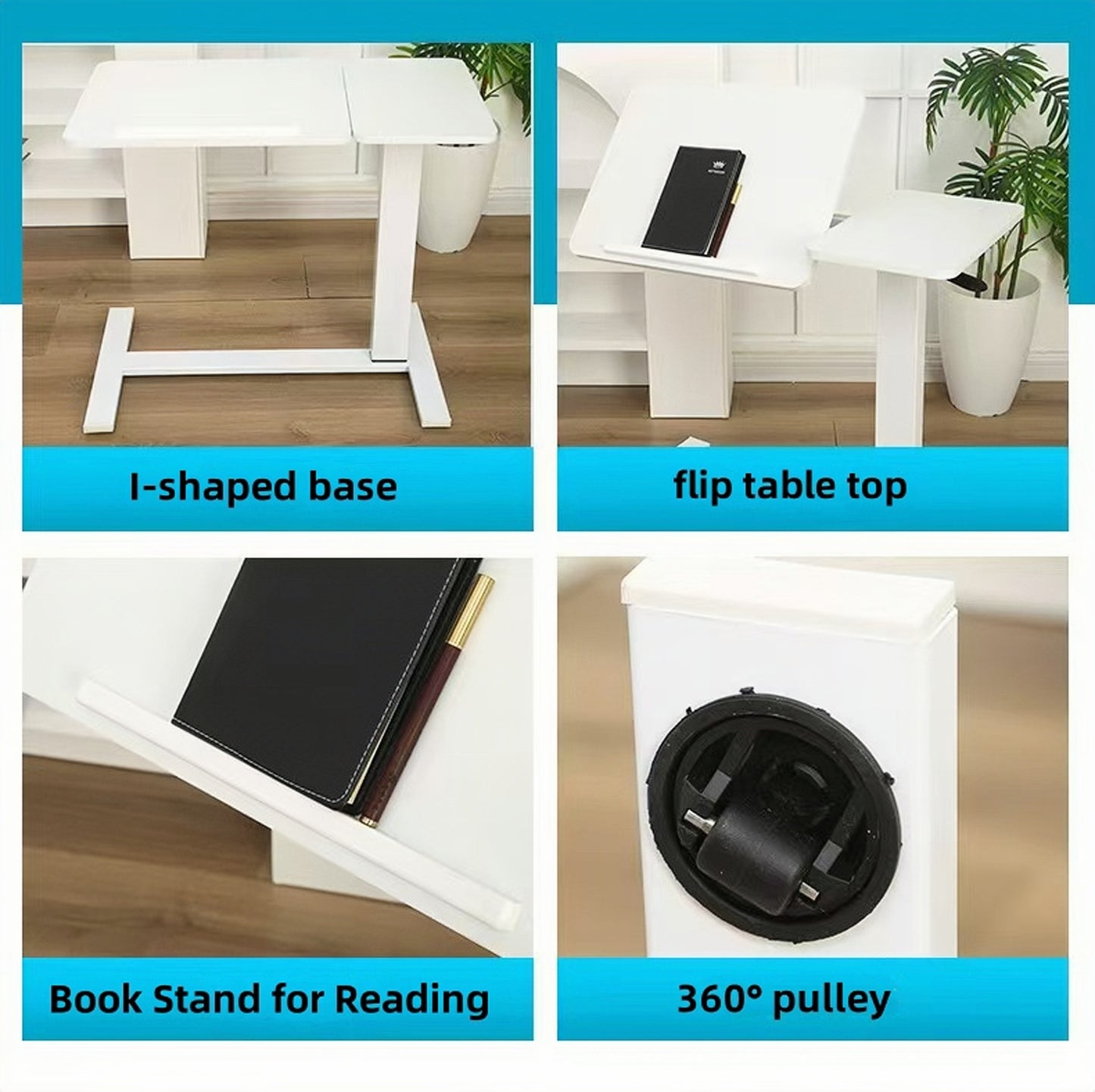 Overbed Bedside Desk, Mobile Rolling Laptop Stand Tilting Overbed Table with Wheels, Height Adjustable Tray Table for Laptop Bed Sofa Side Table, Bedside Table (WHITE) image 4