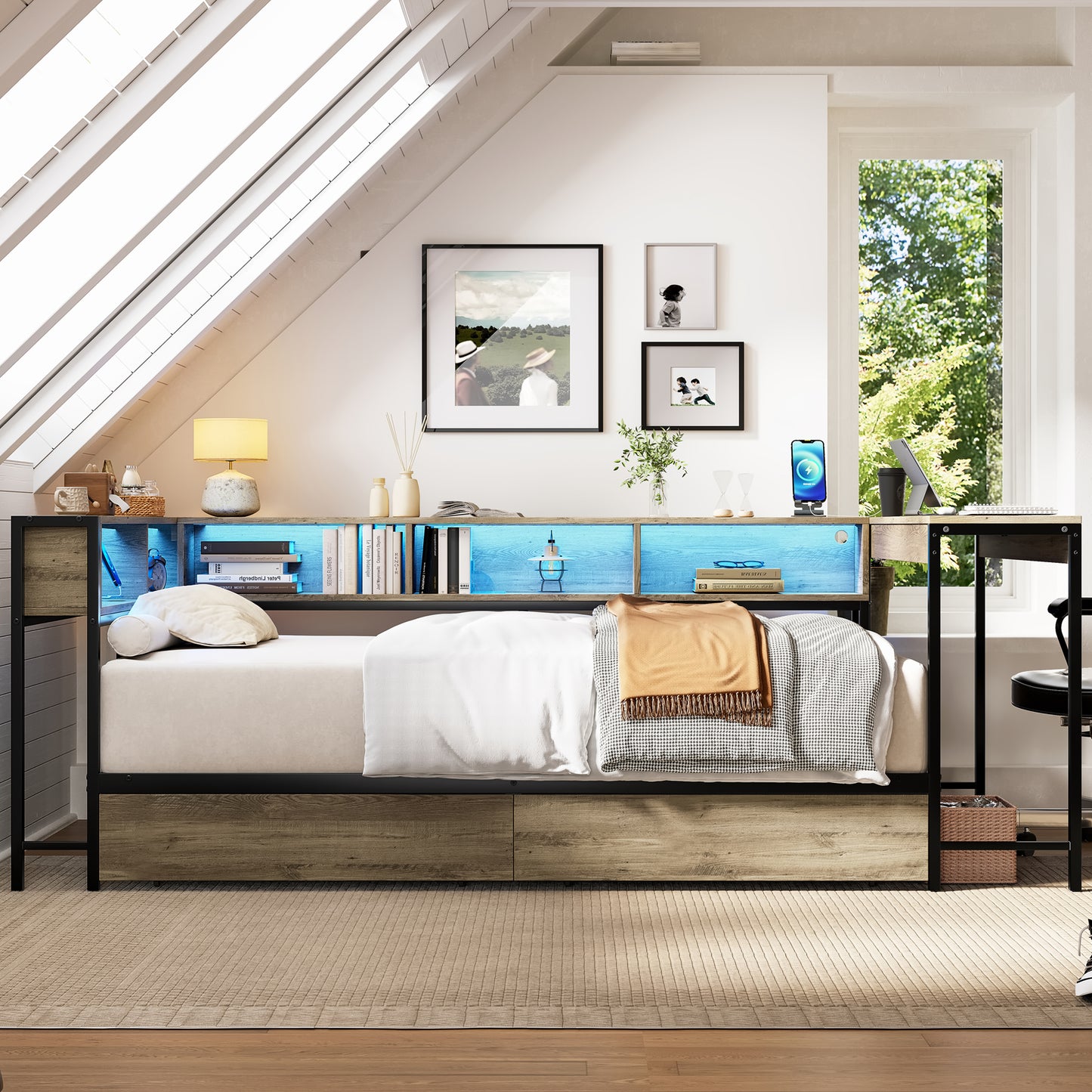 Corner Bed Frame Twin Size with Bookcase and 2 Underbed Storage Drawers, Modern Twin Bed with LED Light and Charging Station, Grey image 5