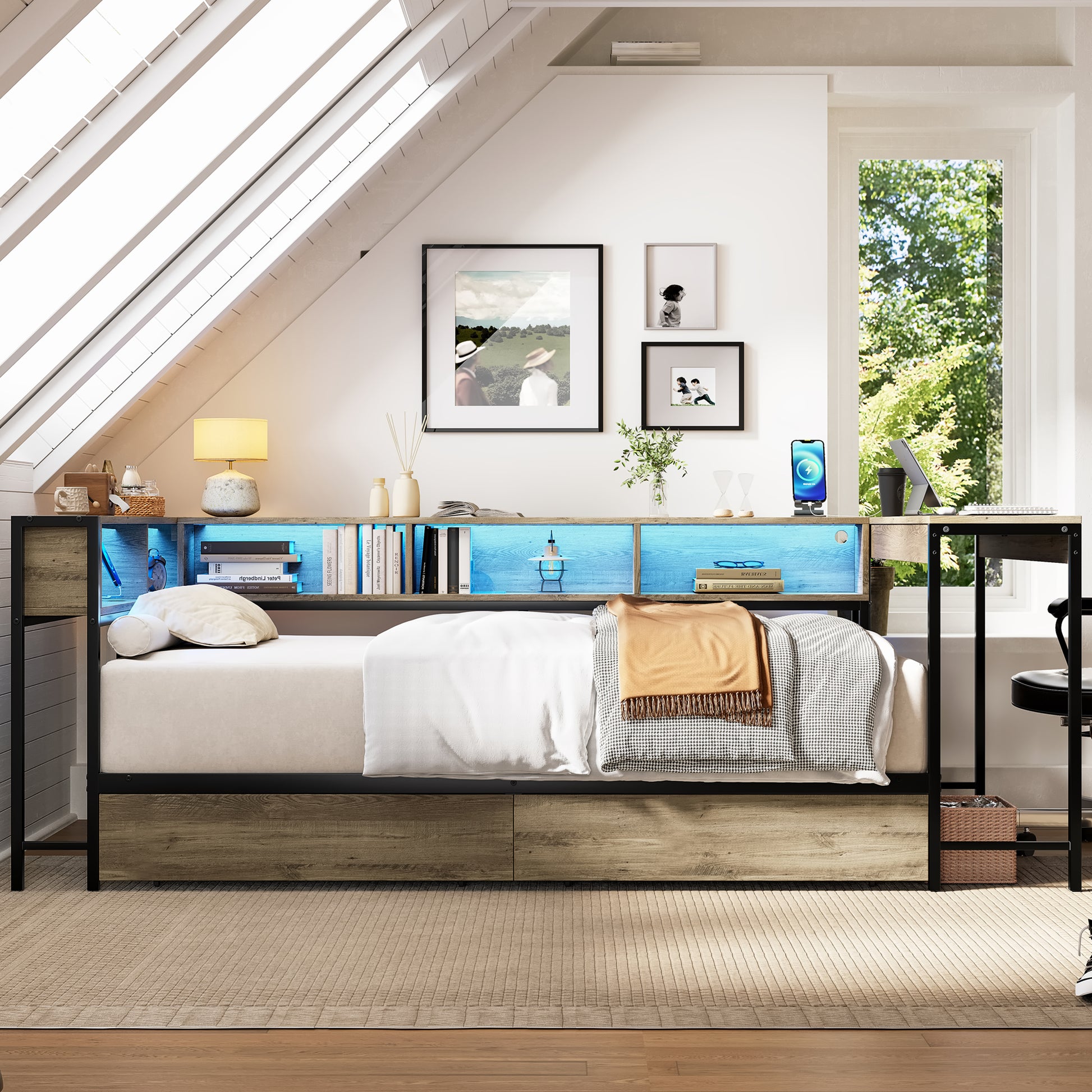 Corner Bed Frame Twin Size with Bookcase and 2 Underbed Storage Drawers, Modern Twin Bed with LED Light and Charging Station, Grey image 5