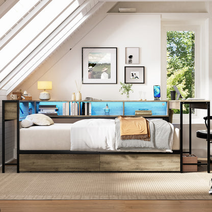 Corner Bed Frame Twin Size with Bookcase and 2 Underbed Storage Drawers, Modern Twin Bed with LED Light and Charging Station, Grey image 5