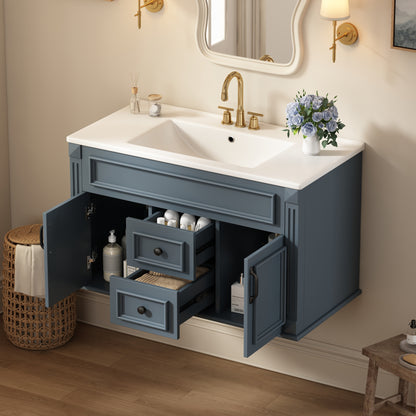 36 inch Wall Mounted Bathroom Cabinet with Ceramic Sink and Drawers, French Simple Style Vanity with Soft Closing Hinges image 4