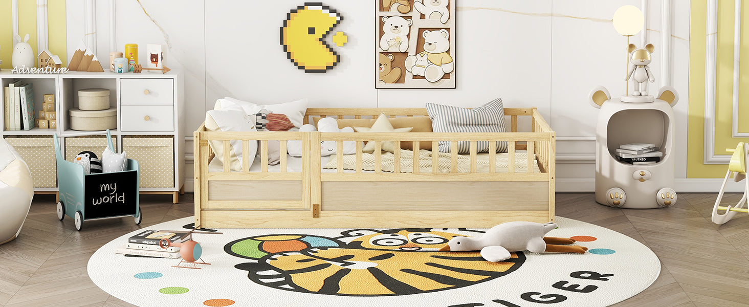 Twin Size Floor bed, integral construction with super high security barrier, door, children's floor bed frame, Montessori wooden children's floor bed, Support slat Natural Wood(Patented model) image 4