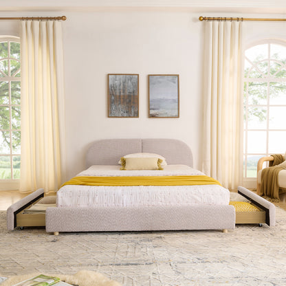 Queen Size Upholstered Bed Frame Modern Minimalist Style - Circle Yarn Fabric, Tall Curved Headboard, Sturdy Leg Support & Wheeled Drawer Storage, Mattress Not Included -Pink image 4