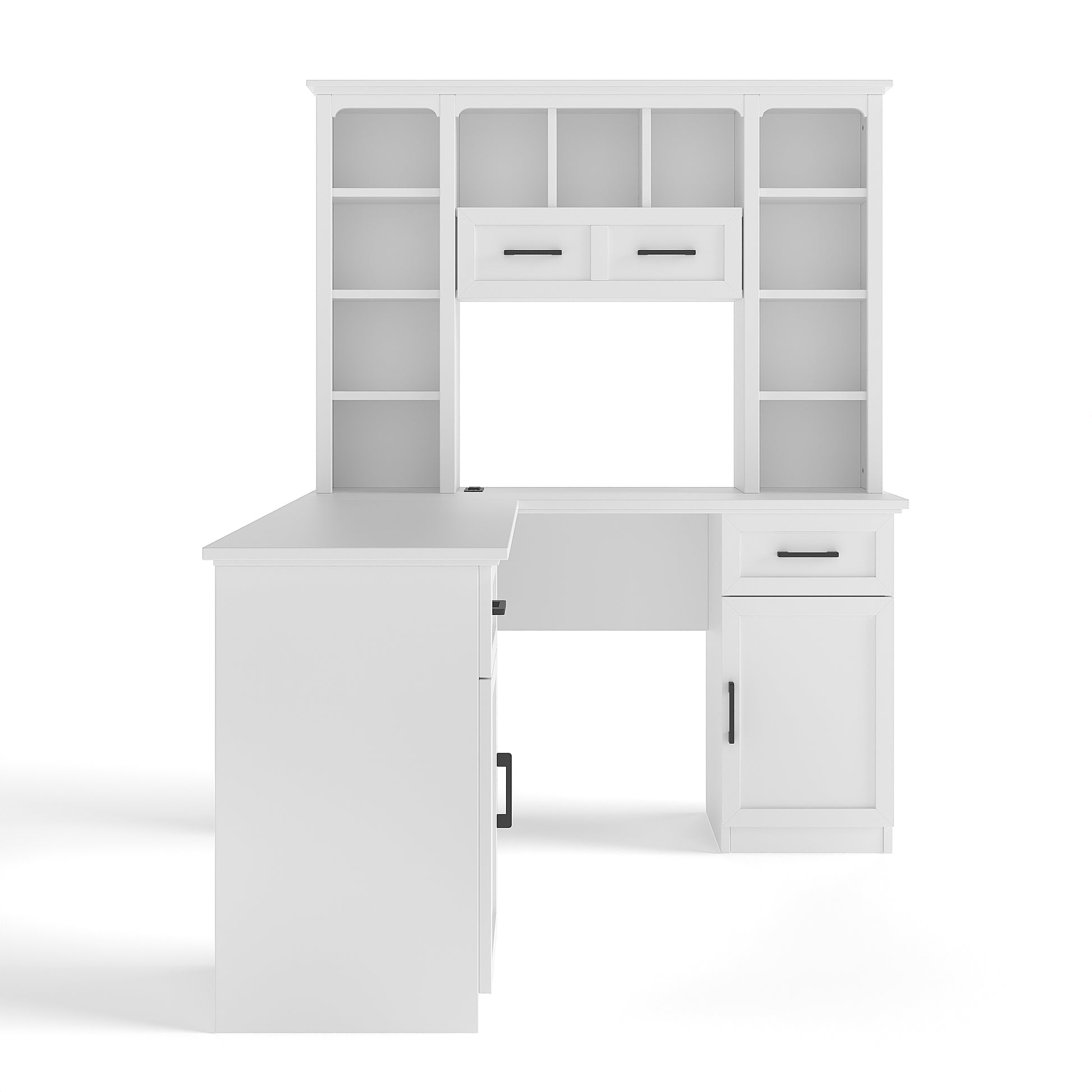 L-Shaped Computer Desk with 2 Cabinets and 2 Drawers, 11 Open Shelves and 1 Right Flip Shelf with Storage, with Power Outlet, for Study, Living Room and Office, White image 8