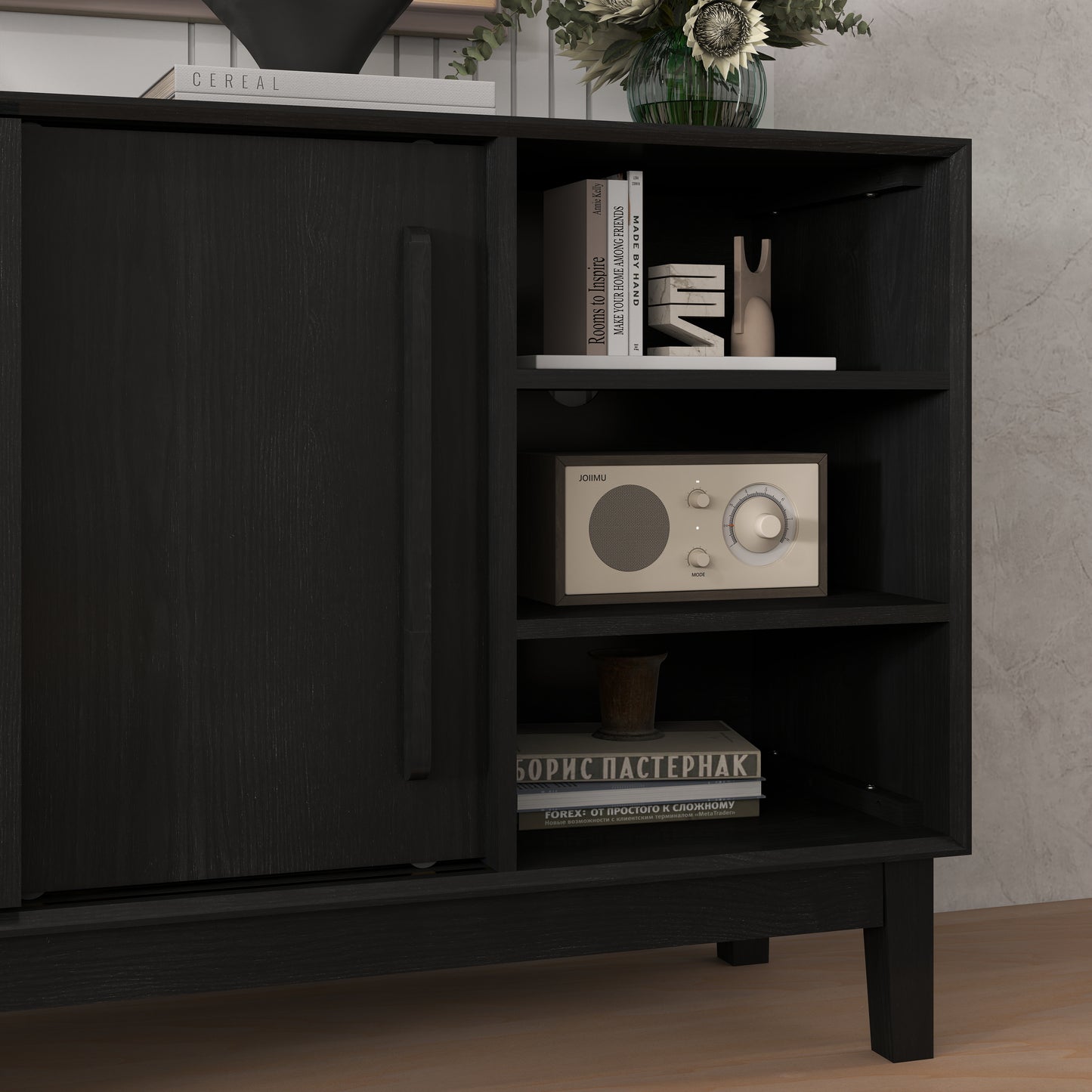 47.3" Sideboard Buffet Cabinet with Storage, Farmhouse Fluted Sideboard with 2 Doors & Solid Wood Feet, TV Media Console, Storage Cabinet for Kitchen Dining Living Room Entryway Hallway, Black image 11