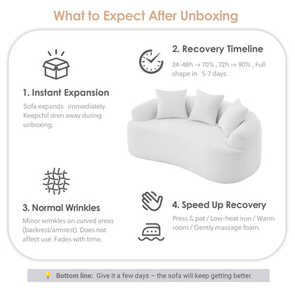 LY-025S Curved Loveseat White Full Compression Sponge Sofa, 30D Chenille No-Assembly Compact Sofa for Small Spaces & Apartments, 65"L, 300 lbs, 3 Pillows image 6
