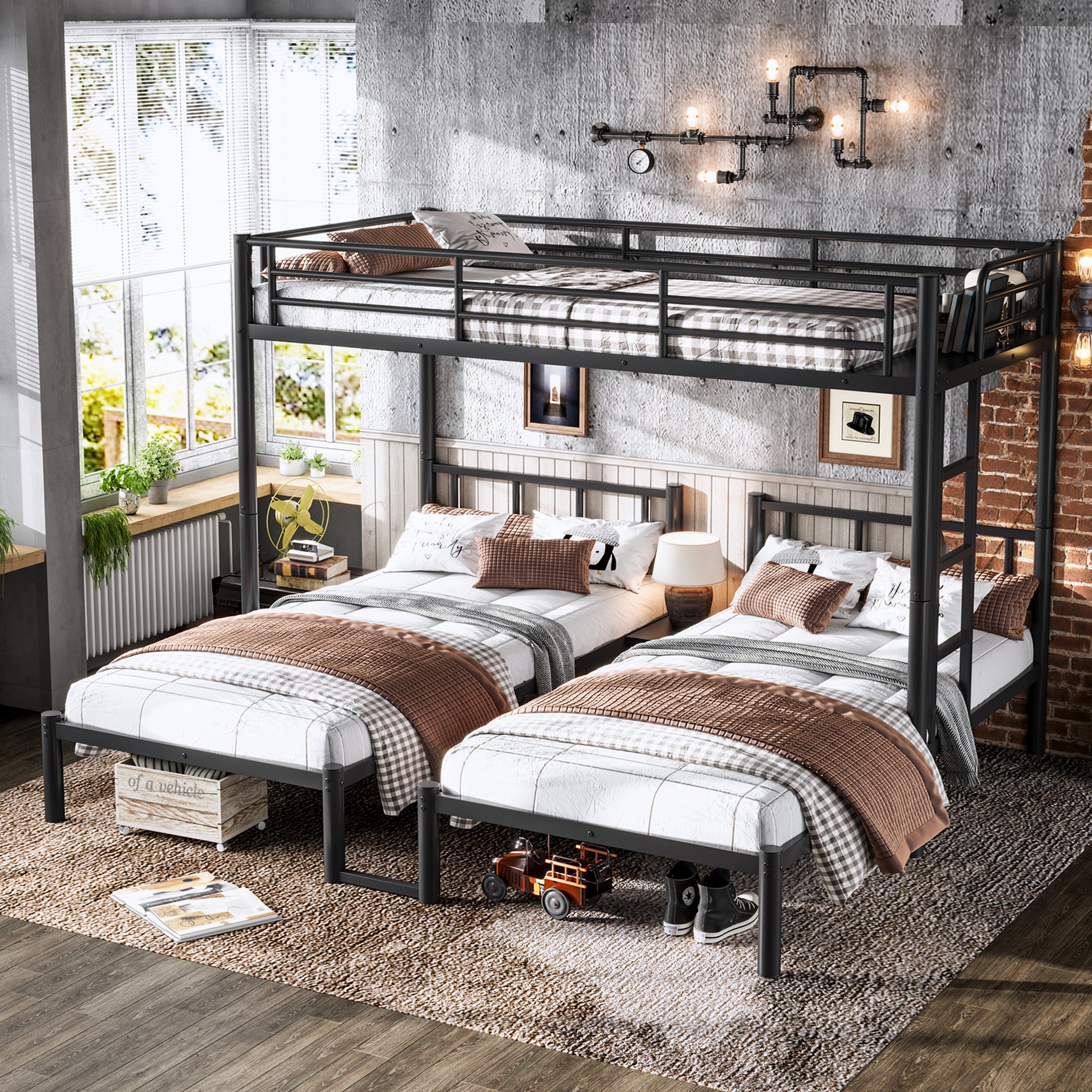 Twin over Twin & Twin Bunk Beds for 3, Twin XL over Twin & Twin Bunk Bed Metal Triple Bunk Bed, Black image 1