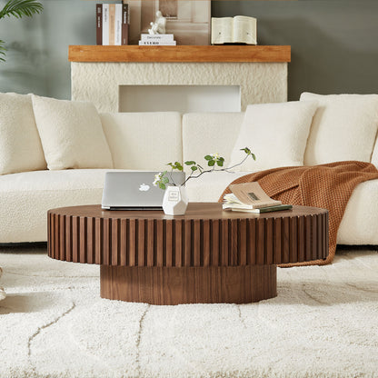 Modern Handcraft Drum Coffee Table Length 43.7 inch Ellipse Coffee Table for Living Room,Oval Small Coffee Table with Sturdy Pedestal,Walnut MDF,W2582P251185 image 11