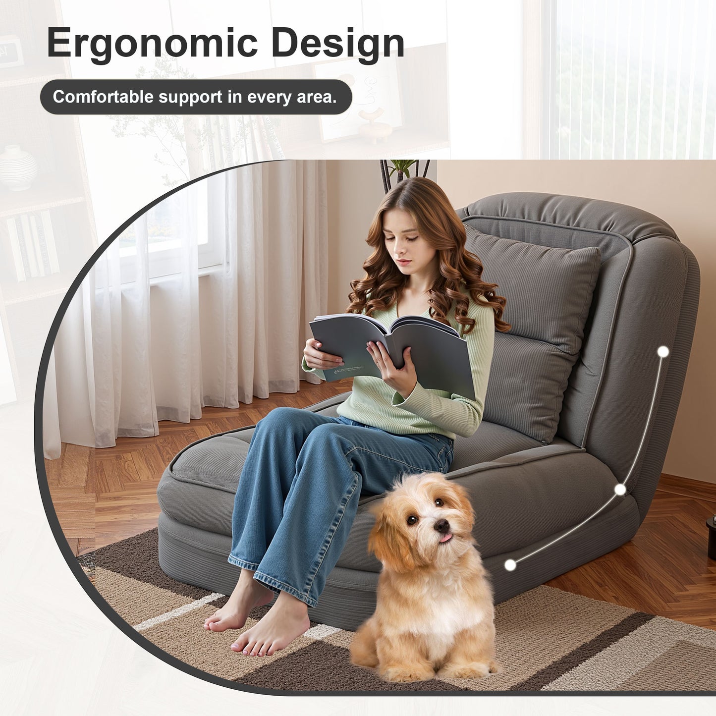 Upholstered Human Dog Bed for Adults and Pets, Foldable Lazy Sofa Bed with 5 Adjustable Position, Includes 2 Soft Pillows for Bedroom, Living Room, Reading Corner(Grey) image 11