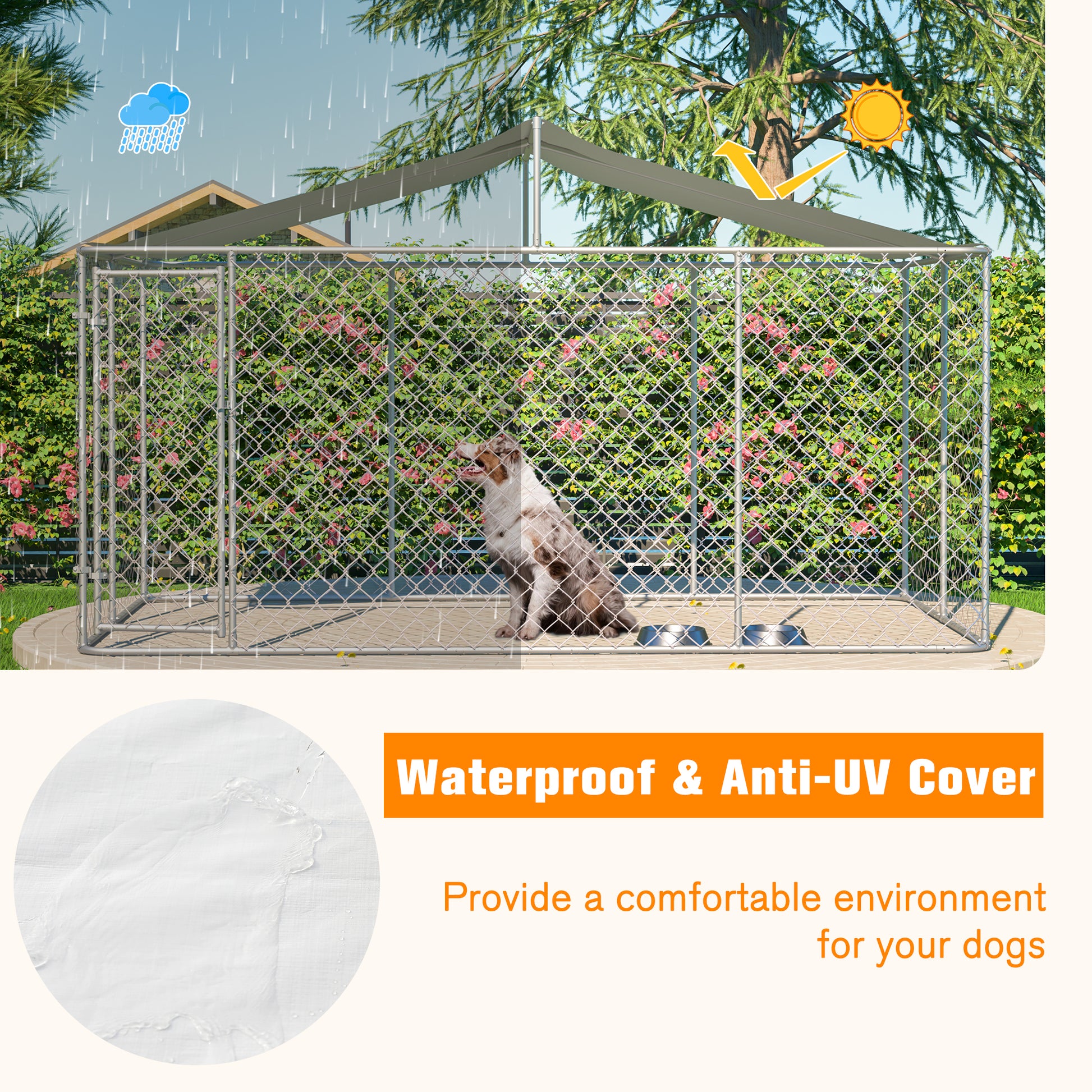 Heavy Duty Outdoor Dog Kennel 13.1x7.5x7.6 ft, Galvanized Chain Link Playpen with Waterproof Anti-UV Cover, Secure Lock, Large Exercise Pen for Puppy & Small Pets image 5