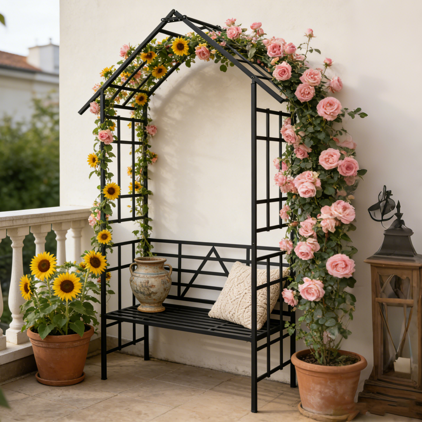 Metal Garden Arch with Bench Turned into Flower Stand W58.07*H97.24 Climbing Plants Support Rose Arch Outdoor Black image 1
