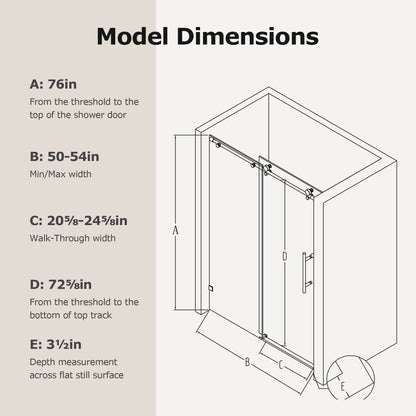50-54" W * 76" H Frameless Single Sliding soft-close Shower Doors, Bathroom Sliding Shower Door, 5/16" (8mm) Thick SGCC Tempered Glass Door, Matte Black image 4