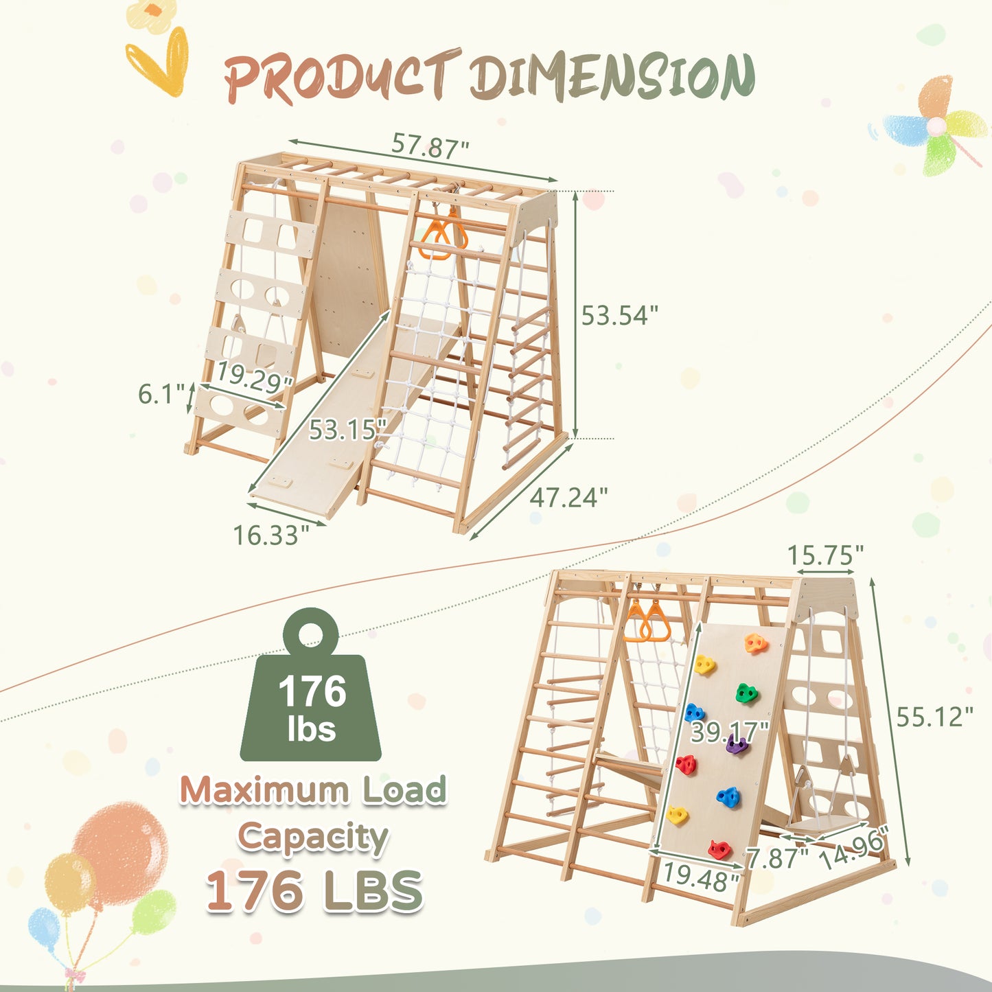 9-in-1 Slide and Climbing Wall for Toddlers 3+, Wooden Indoor Play Structure, Heavy Duty 176 lbs Capacity, Safe Rounded Edge Natural Wood, Balance & Strength Toy Gift image 2