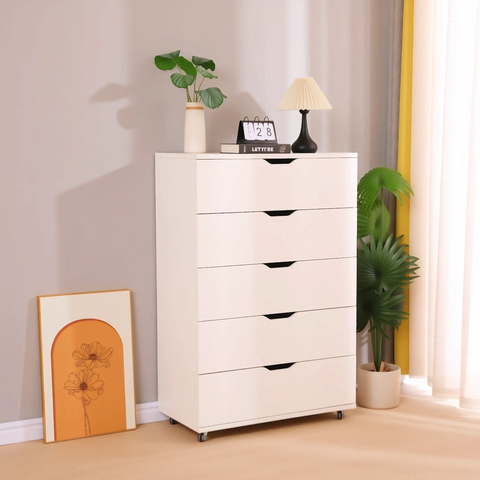 White 5-Drawer Dresser with Wheels – Modern Storage Cabinet image 6