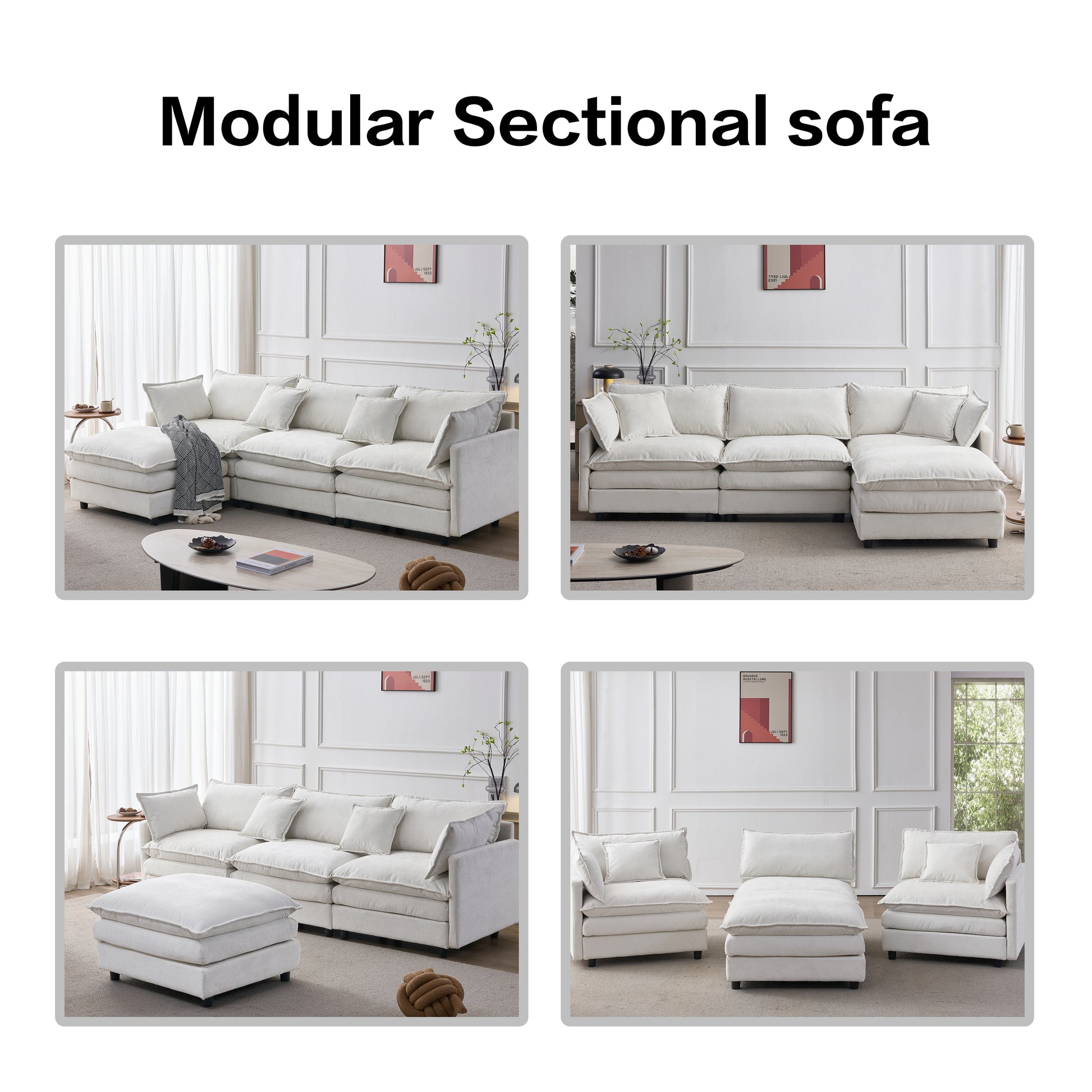 105" Modular Sectional Couch,Upholstered Soft Chenille Fabric Sofa,3 Seater with Ottoman L Shape Sofa Beige image 12
