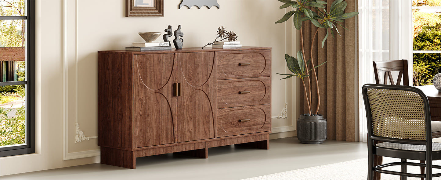 59.1" Buffet Sideboard with 2 Doors and 3 Drawers, Walnut Finish with Oval Grain Texture, Farmhouse Storage Cabinet for Dining Room Living Room Hallway, Large Space Accent Furniture, Easy Assembly image 7