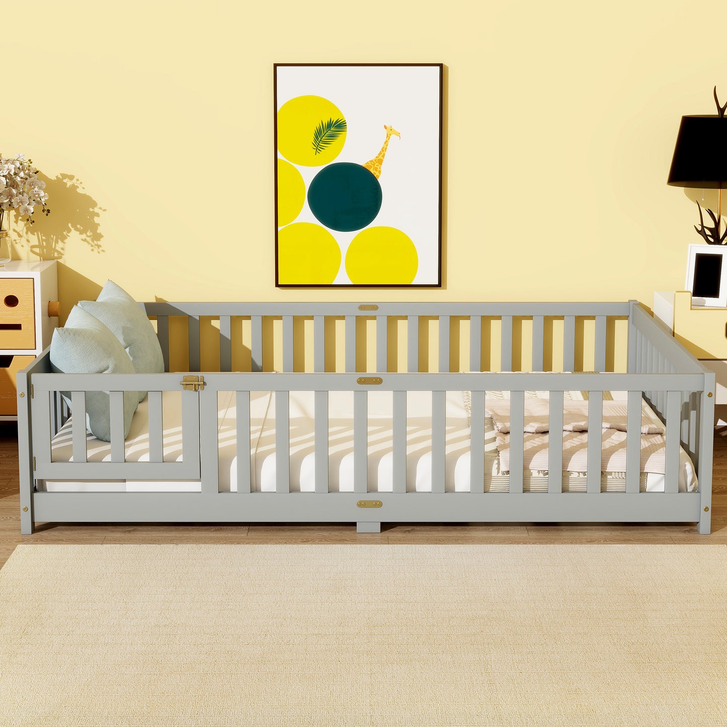 Full Size Floor Bed with Fence and Door,Rubber Wood Floor Bed with Safety Guardrails,Grey image 6