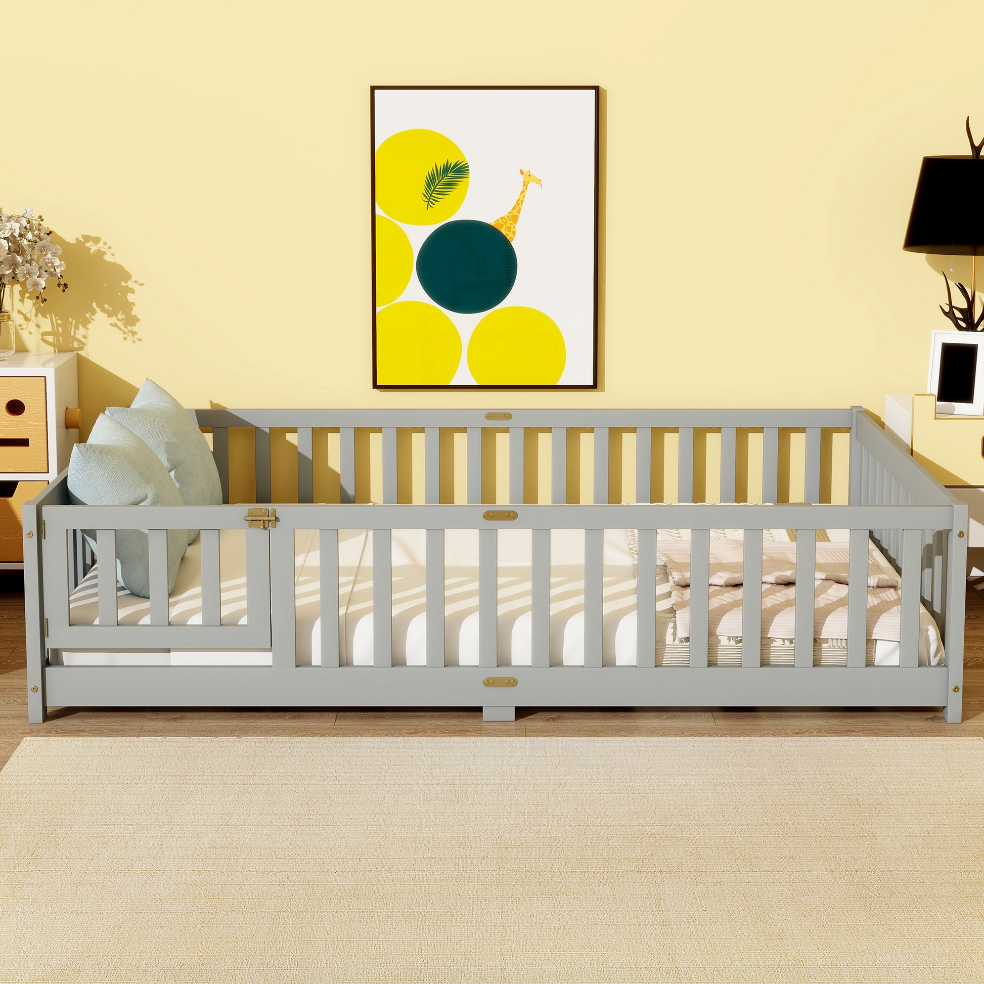 Full Size Floor Bed with Fence and Door,Rubber Wood Floor Bed with Safety Guardrails,Grey image 6