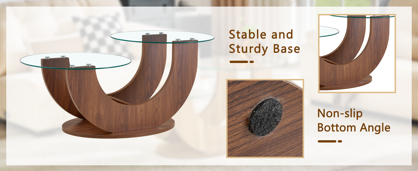 Creative U-Shaped Double-Tier Glass Coffee Table with Walnut MDF Base - assembly hardware and instructions