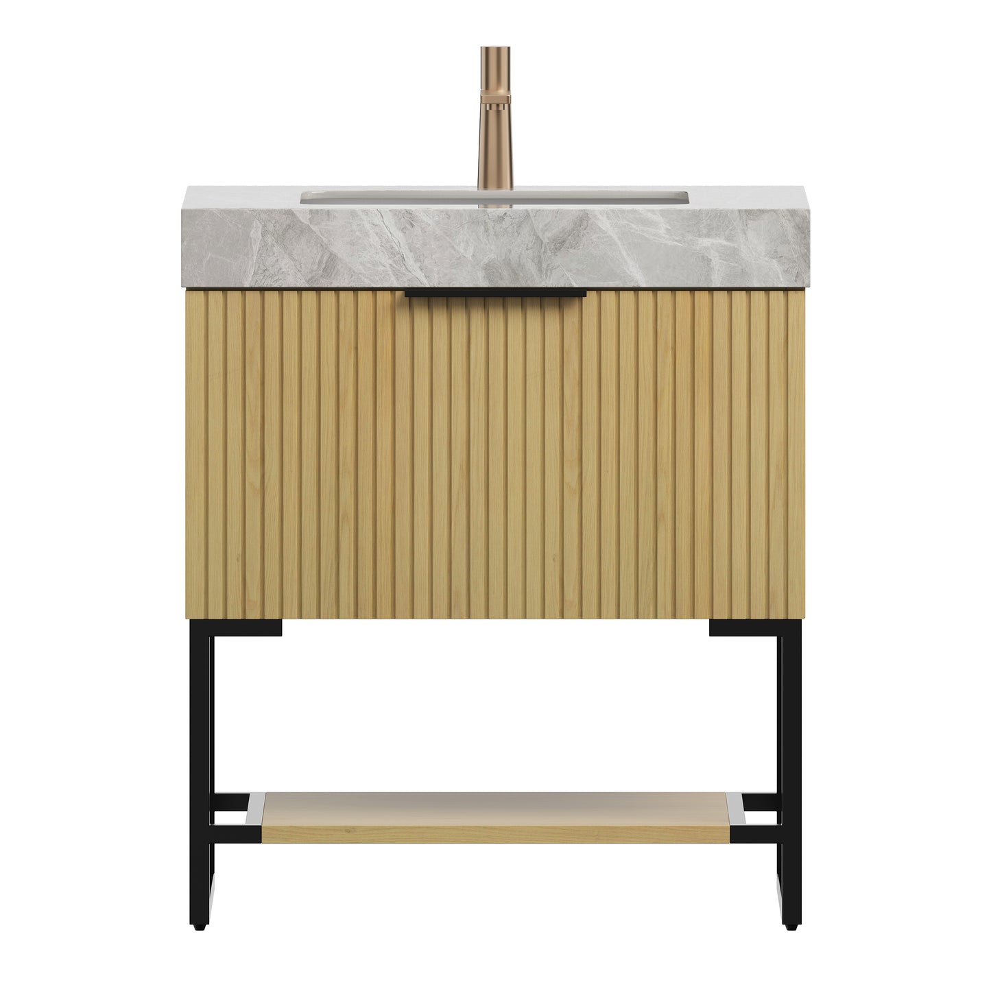 YOLAN vanity sink close-up showing sintered stone countertop and undermount basin