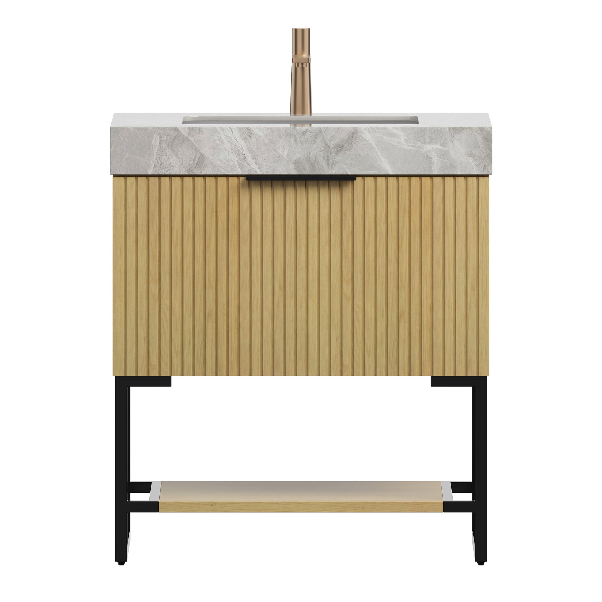 YOLAN vanity sink close-up showing sintered stone countertop and undermount basin