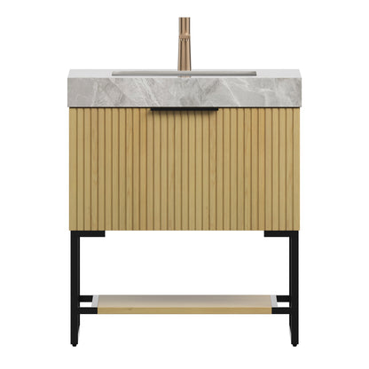 YOLAN vanity sink close-up showing sintered stone countertop and undermount basin