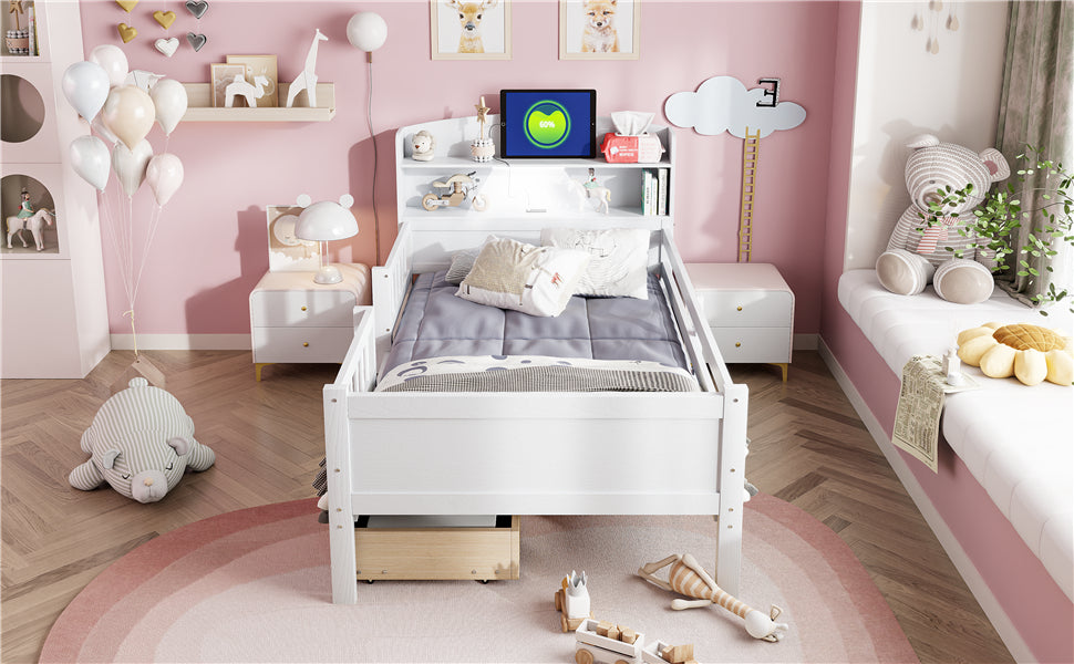 Wood Twin Size Platform Bed with Built-in LED Light, Multi-functional Headboard, Guardrail and 2 Drawers, White image 5