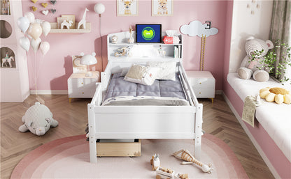 Wood Twin Size Platform Bed with Built-in LED Light, Multi-functional Headboard, Guardrail and 2 Drawers, White image 5