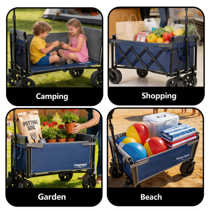 Upgraded 5*2" Wide Wheels, All-in-One Convertible Folding Trolley with Full-Side Opening & Dog Leash, Versatile Seating & Storage, 220Lbs Capacity for Camping, Beach, Shopping, Dark blue image 3
