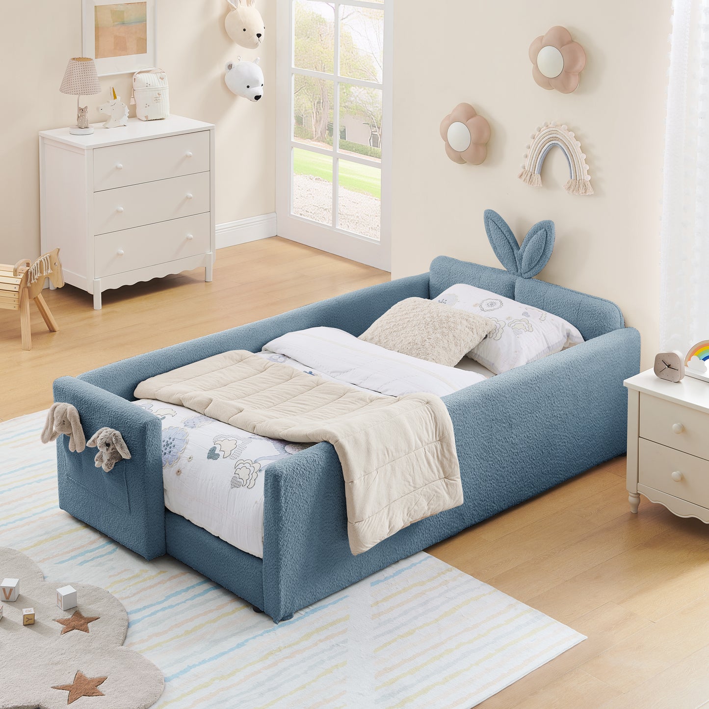Twin Size Upholstered Platform Bed with Cute Rabbit Ear Shaped Headboard, with Safety Rail and Pocket, Boucle Fabric image 1