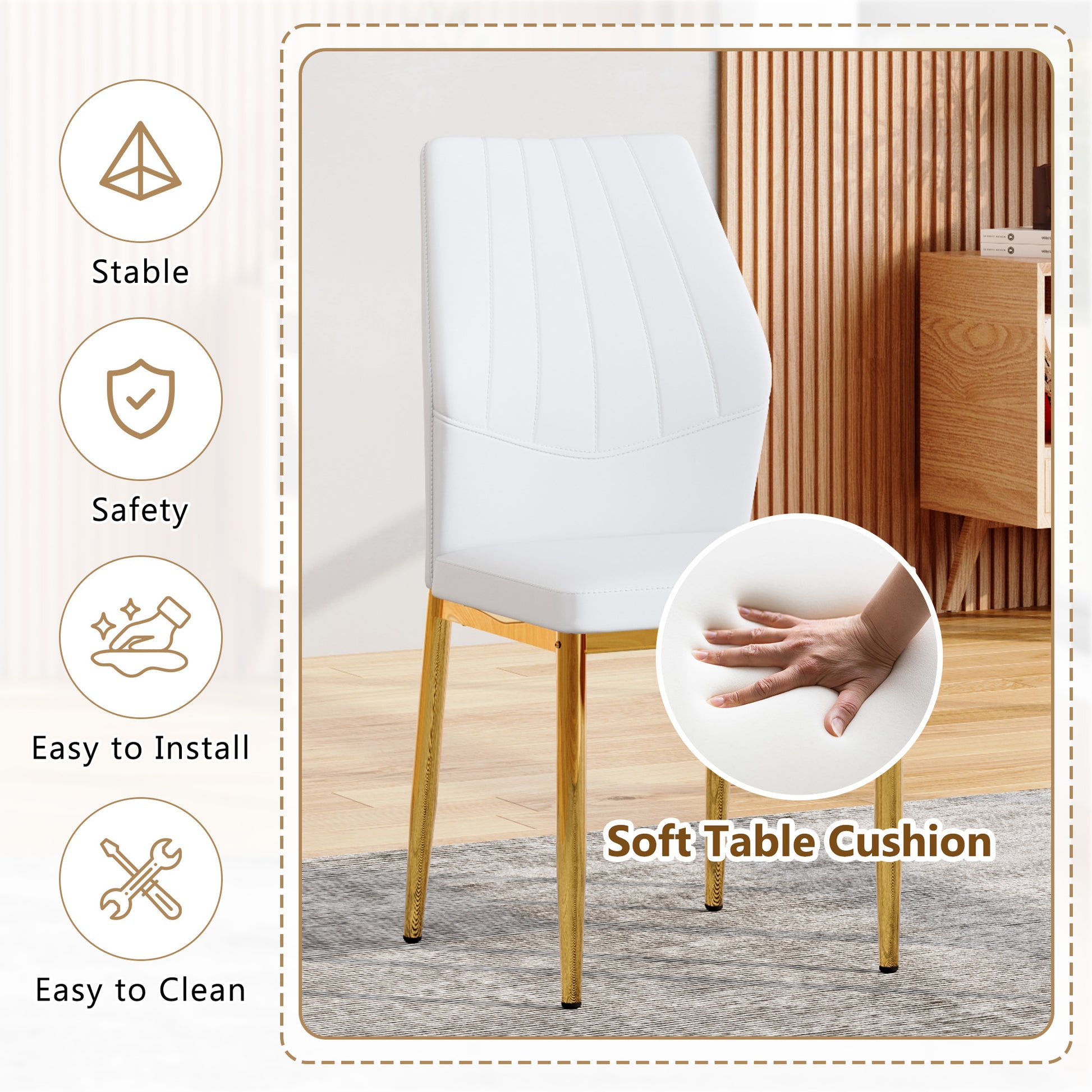 Set of 4 Gold - and - White Dining Chairs, 37 inches High: Ergonomic PU Backrest, Combines Comfort and Style.Perfectly blends comfort and elegance, Injecting more comfort and style into dining time. image 6