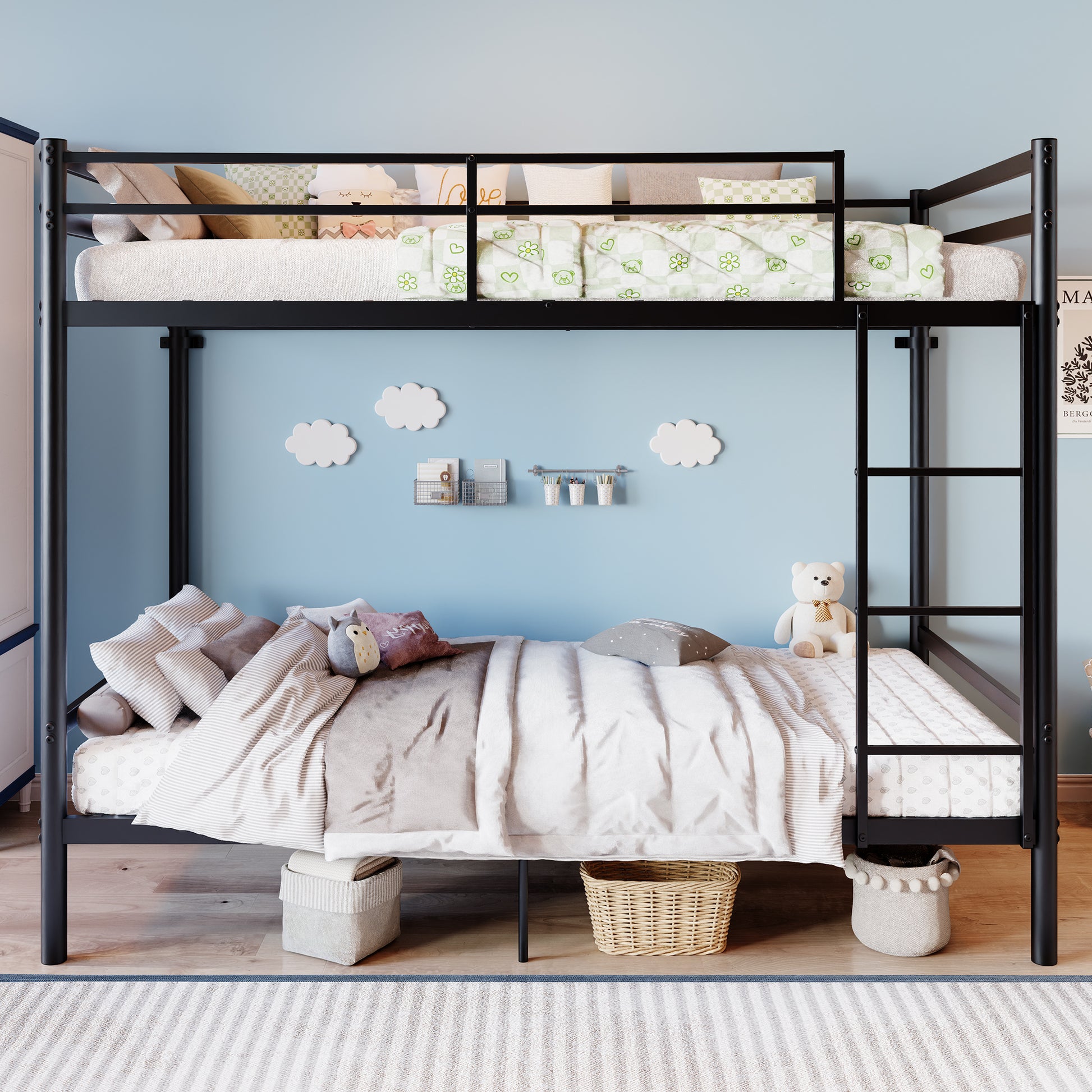 Bunk Bed with Ladder and high Guardrail, Metal Bunk Bed, Storage Space, Noise Free,Twin Over Twin Size,Black image 5