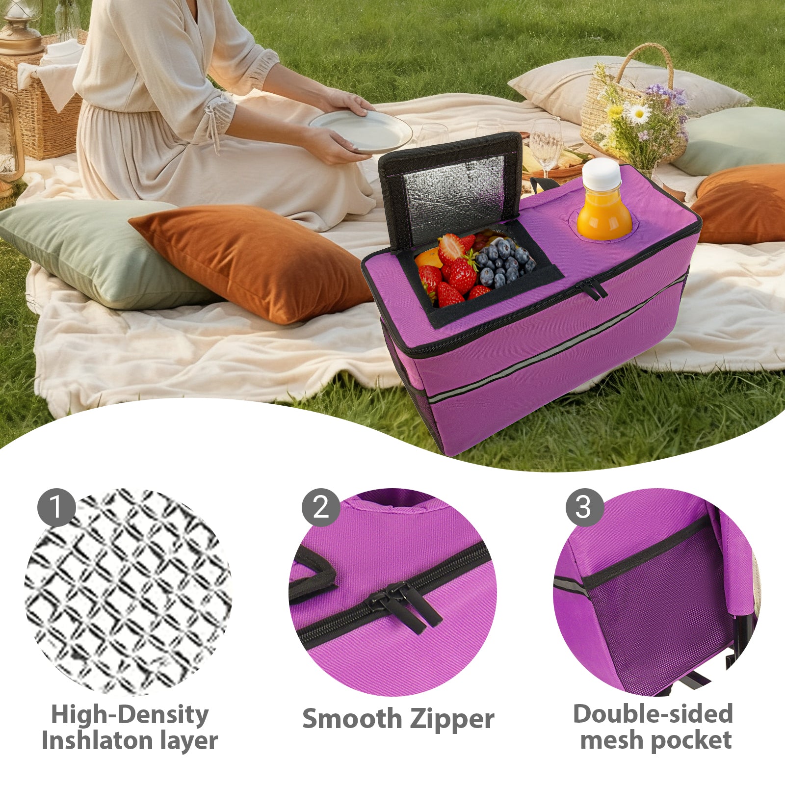 3-in-1 Folding Wagon Cart with Bench Seat & Storage, patent protection - Includes 1 ice pack, 500lbs Heavy-Duty, 180L Capacity All-Terrain Wheels for Camping, Beach, Sports, Garden, purple image 8
