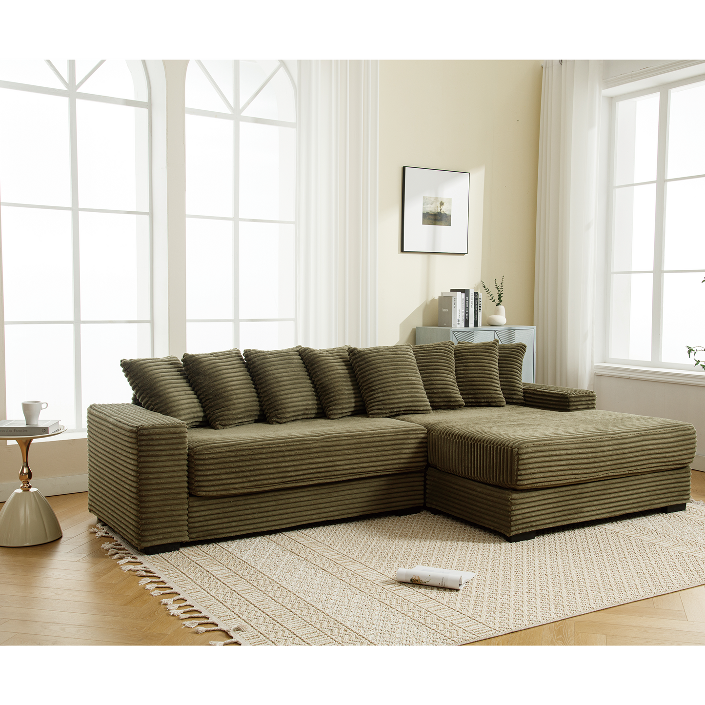 [NEW ARRIVED] [VIDEO PROVIDED] Oversized Two-Piece Couches, L Shaped Sofa, Corduroy, Right Chaise Daybed,with Armrests,Eight Throw Pillows,Corner Sofa,Easy To Assemble, Green image 4