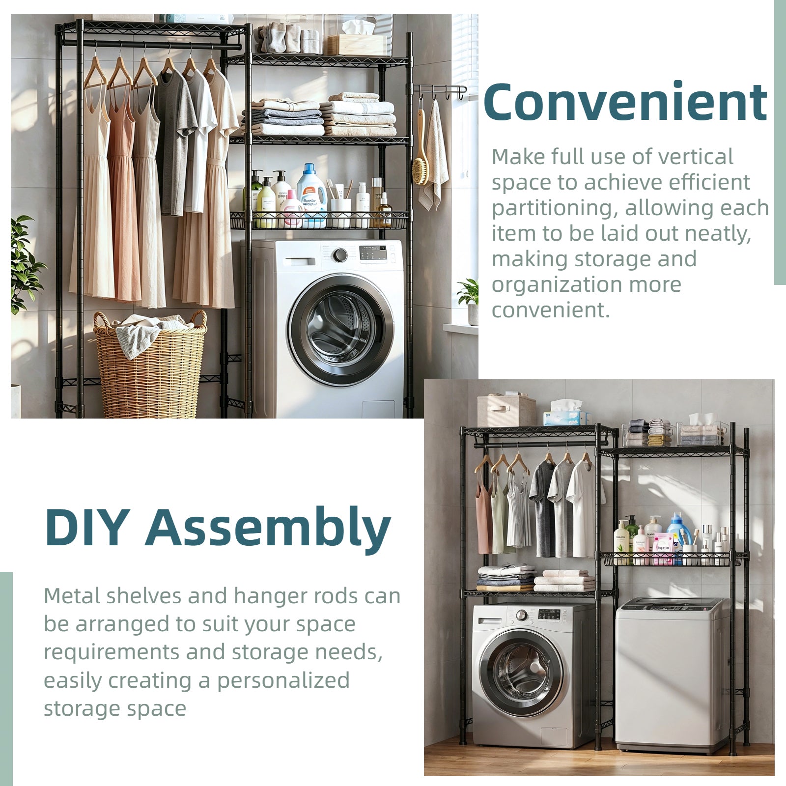 Over Washer and Dryer Shelves, 4 Tier Laundry Room Clothes Drying Rack Wire Basket & Rotating Side Hook, Heavy Duty Laundry Drying Rack, Space Saving and Adjustable Shelves, Black image 4
