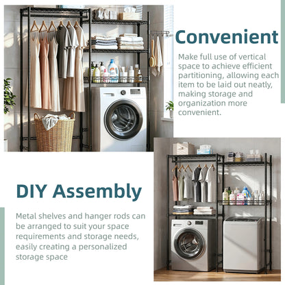 Over Washer and Dryer Shelves, 4 Tier Laundry Room Clothes Drying Rack Wire Basket & Rotating Side Hook, Heavy Duty Laundry Drying Rack, Space Saving and Adjustable Shelves, Black image 4