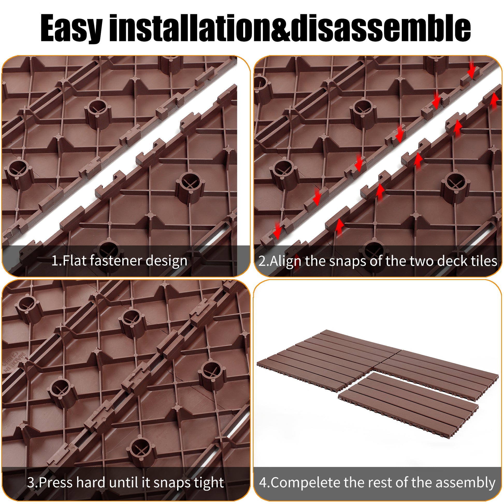 24 pieces of outdoor terrace deck tiles, DIY interlocking decking floor tiles, easy to install patio tiles, suitable for indoor and outdoor balcony backyard poolside,Brown image 4