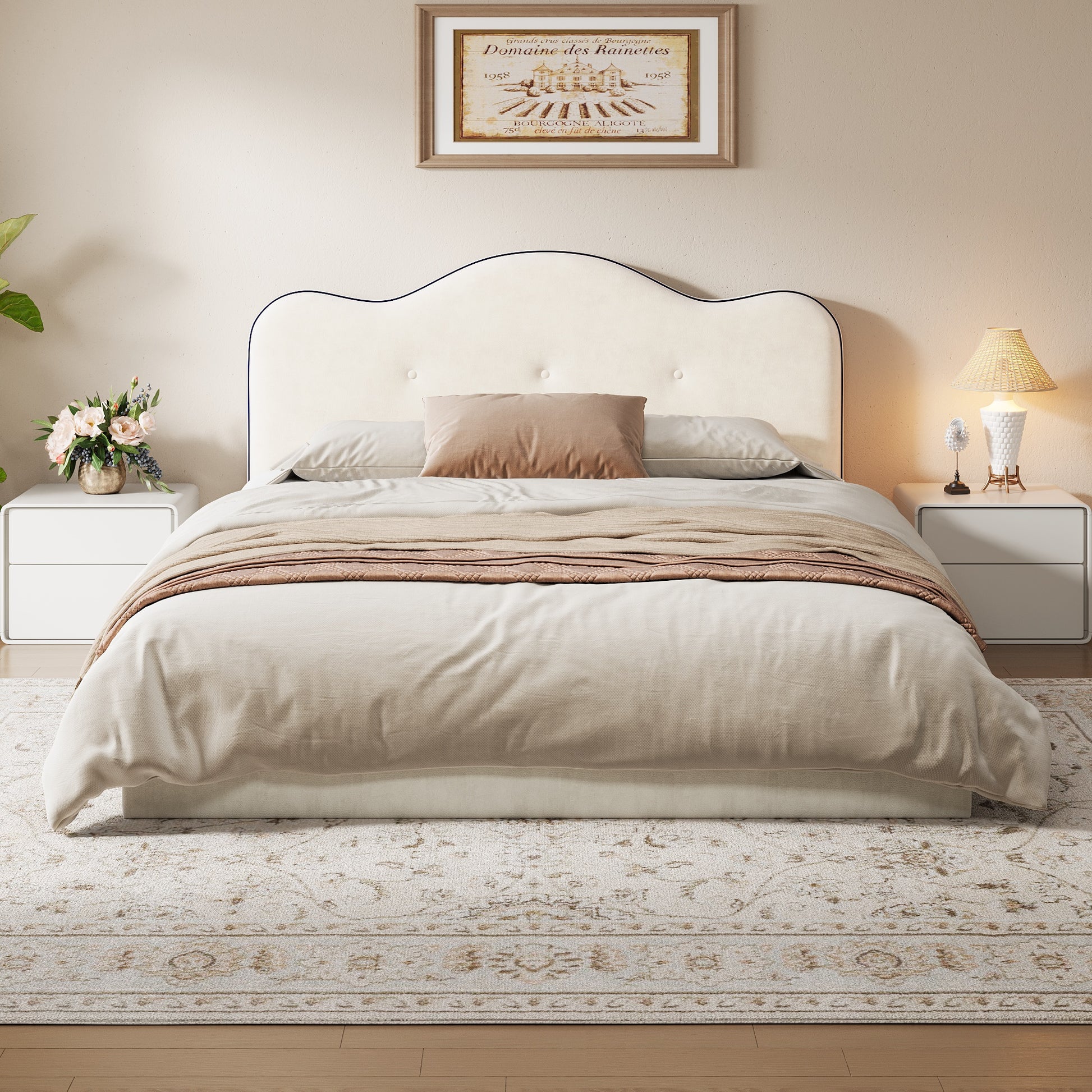 King Size Upholstered Platform Bed, Beige image 3