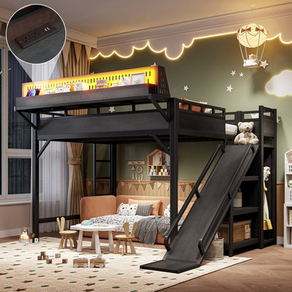 Queen Size Loft Bed with Slide, Storage Shelves and Built-in Wardrobe, Metal Loft Bed Frame with USB Ports and LED Lights, with Pegboard, Safety and Solid, Black image 1