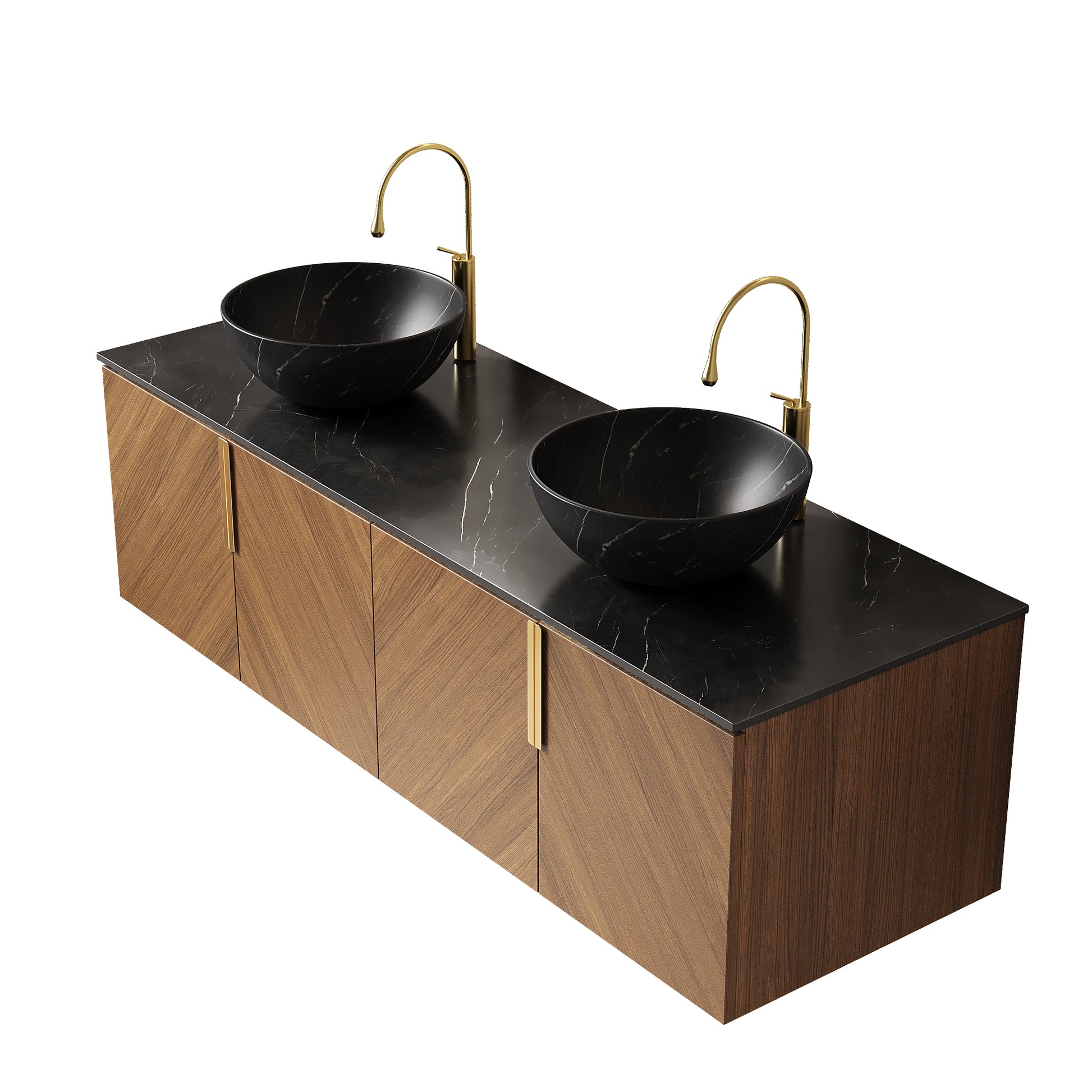 ARAI 60" Bathroom Vanity&Sinks, Floating Plywood Bathroom Storage Cabinet with 4 Doors, 2 Black Bowl Ceramic Basin with Stone Pattern&Black Sintered Stone Countertop, Brown Oak Woodgrain (New SKU) image 4