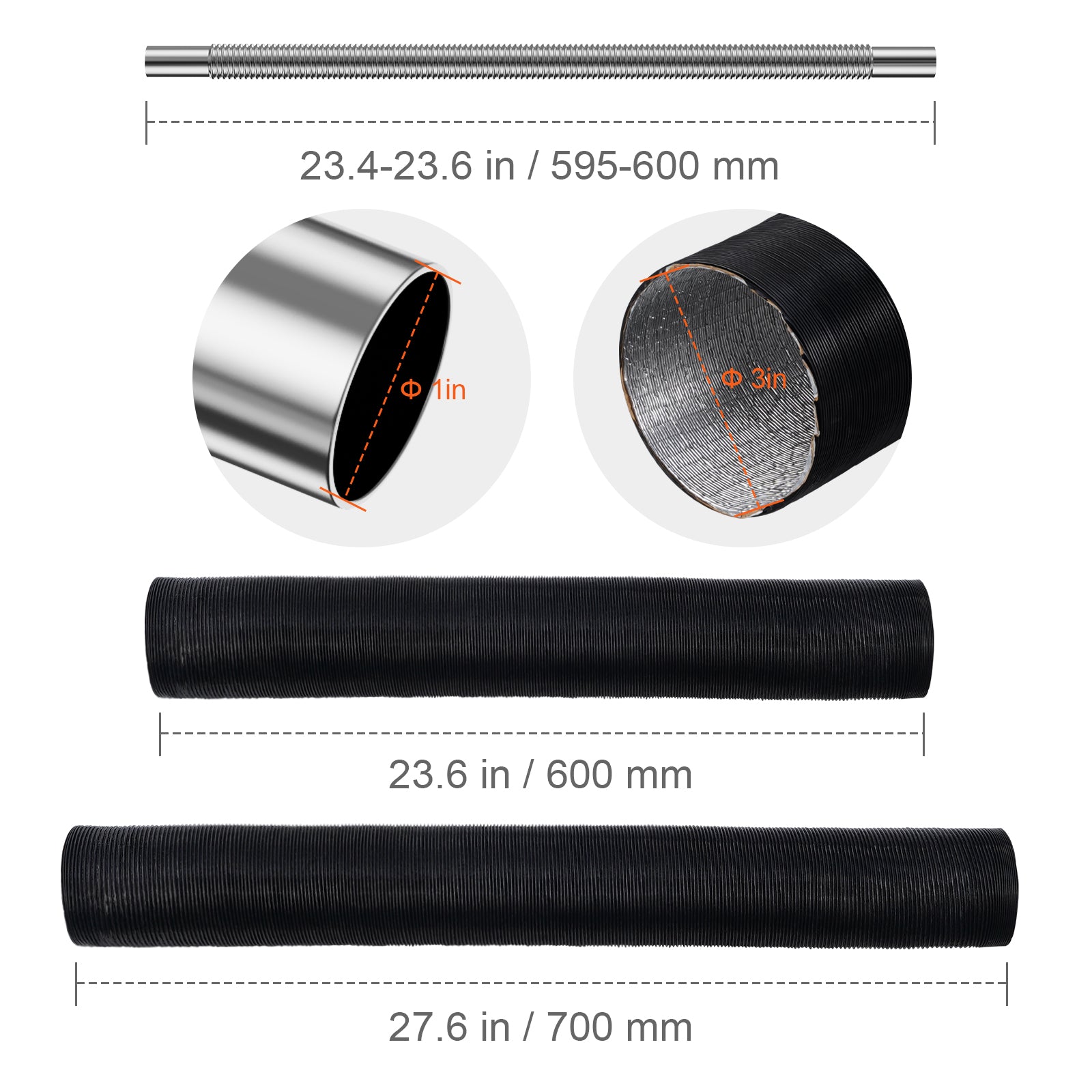 Diesel Heater Pipe Ducting Set, 3" Extendable Air Duct Hose, 1" Stainless Steel Exhaust Pipe, 2 Air Vents, Tee Air Outlet Connector and Hose Clamps, for 5KW/8KW Diesel Parking Heaters image 9