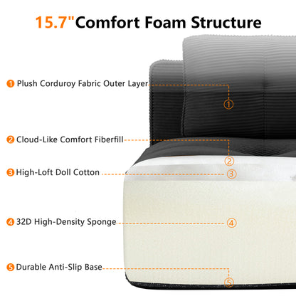 117" Modern L-Shaped Modular Sectional Sofa for Living Room, Corduroy Fabric,3-Seater Couch with Deep Seat and Movable Ottoman,Pearl-like piping, Tufted Design,No Assembly, Anti-slip Design​, Black image 10