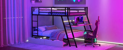 Full Size Metal Bunk Bed with Built-in Desk, Light and 2 Drawers, Black image 8