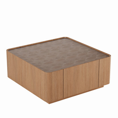 31.5-Inch Square Coffee Table with Storage Drawers,Modern Wooden Coffee Table with Glass Top,Tea Table Center Tables for Living Room Office,Walnut image 6