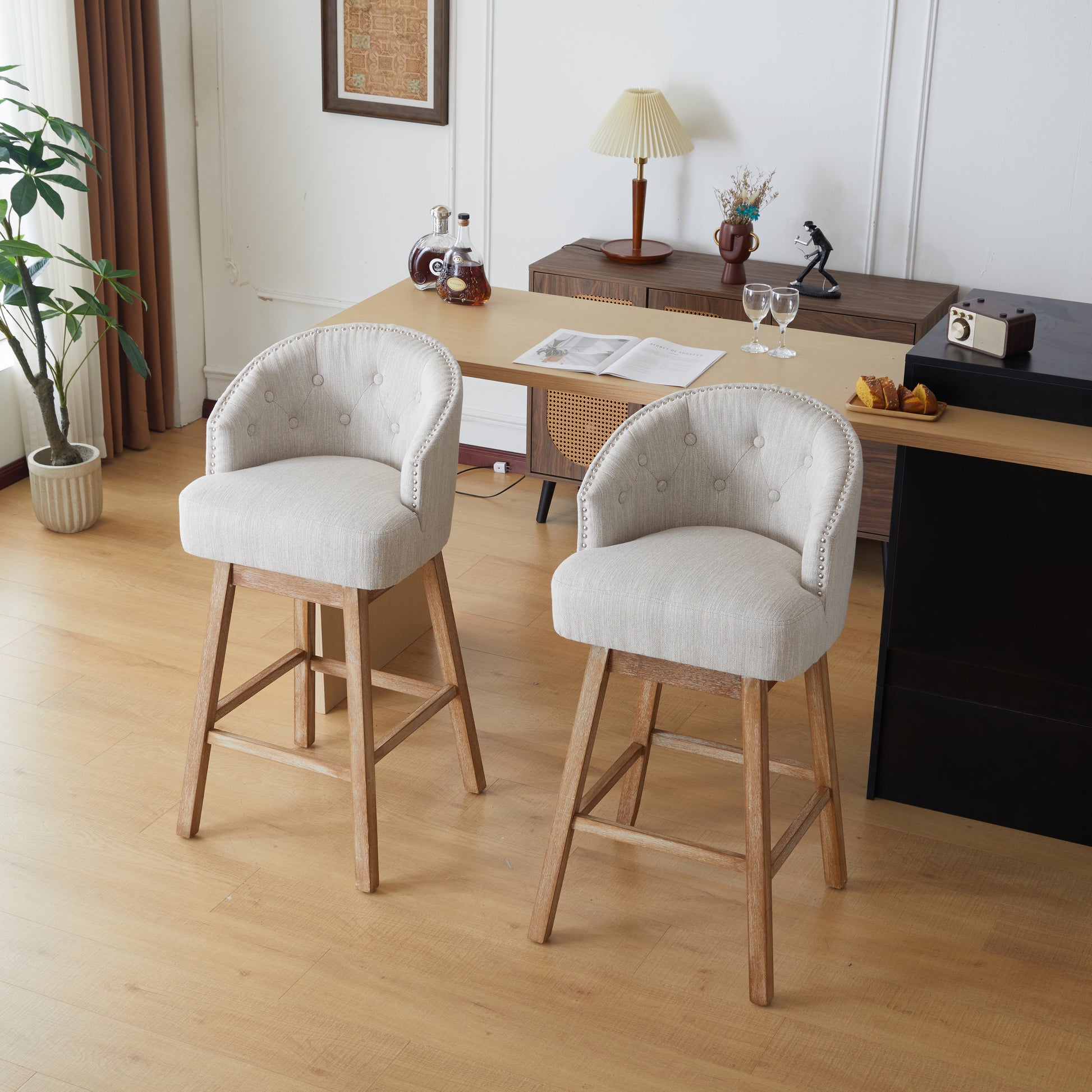 33.25" Swivel Counter Stools Set of 2, Upholstered Counter Height Bar Stools with Solid Rubber Wood Frame, Backrest, Footrest, Armless Barstools for Home Bar, Kitchen Counter, Natural + Beige image 1